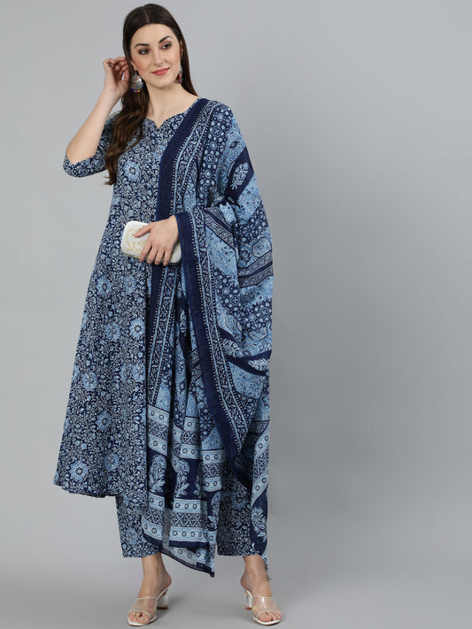 Women Blue Ethnic Motifs Printed  Pure Cotton Kurta With Palazzos & Dupatta | LASVINI - Redefining Indian Fashion with Elegance