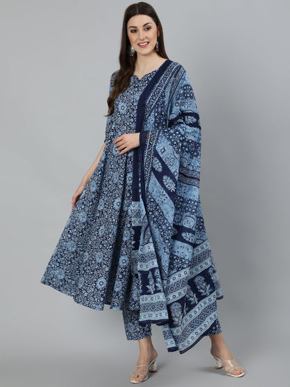 Women Blue Ethnic Motifs Printed  Pure Cotton Kurta With Palazzos & Dupatta | LASVINI - Redefining Indian Fashion with Elegance