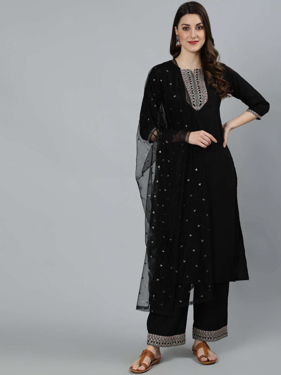 Women Black Embroidered Straight Kurta With Plazo & Dupatta | LASVINI - Redefining Indian Fashion with Elegance