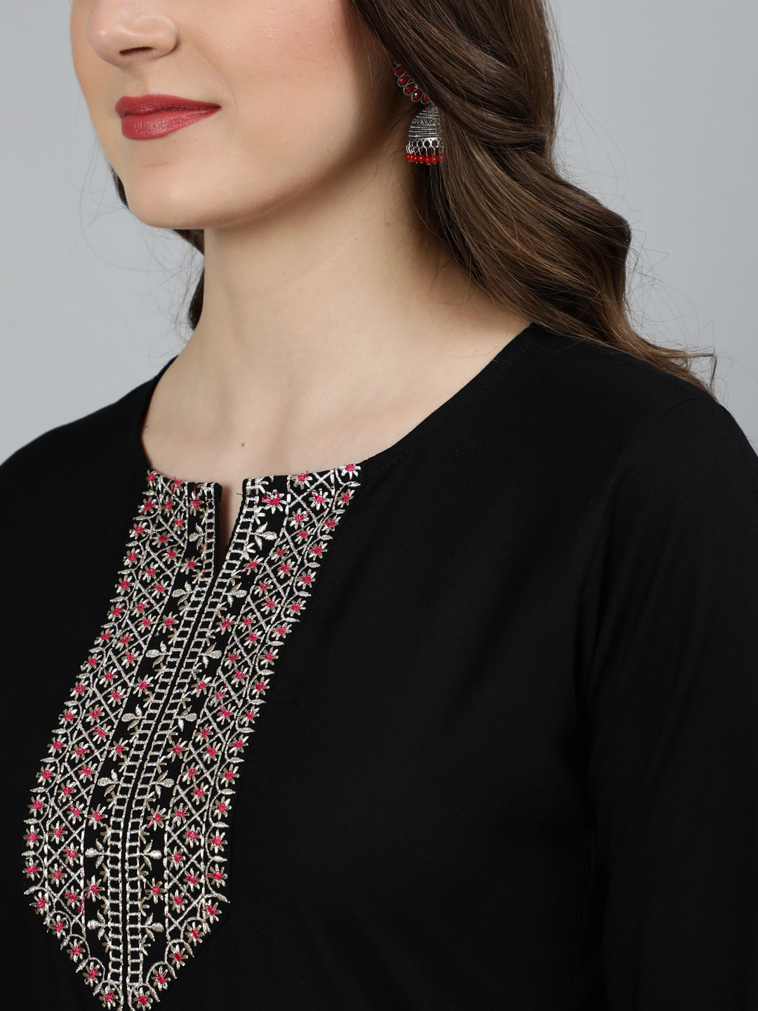 Women Black Embroidered Straight Kurta With Plazo & Dupatta | LASVINI - Redefining Indian Fashion with Elegance