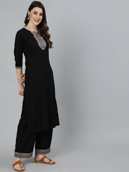 Women Black Embroidered Straight Kurta With Plazo & Dupatta | LASVINI - Redefining Indian Fashion with Elegance