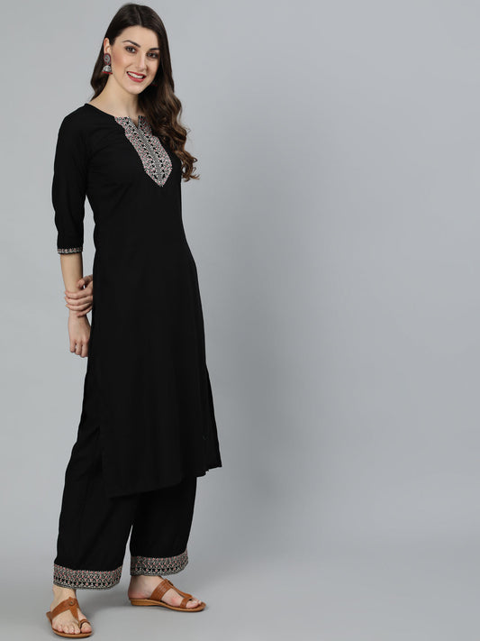 Women Black Embroidered Straight Kurta With Plazo & Dupatta | LASVINI - Redefining Indian Fashion with Elegance
