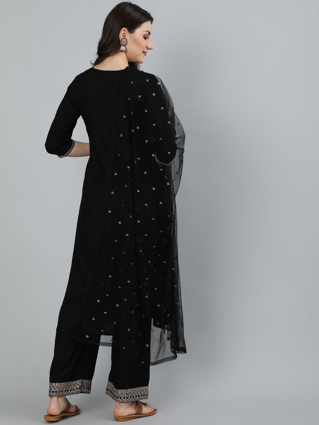 Women Black Embroidered Straight Kurta With Plazo & Dupatta | LASVINI - Redefining Indian Fashion with Elegance
