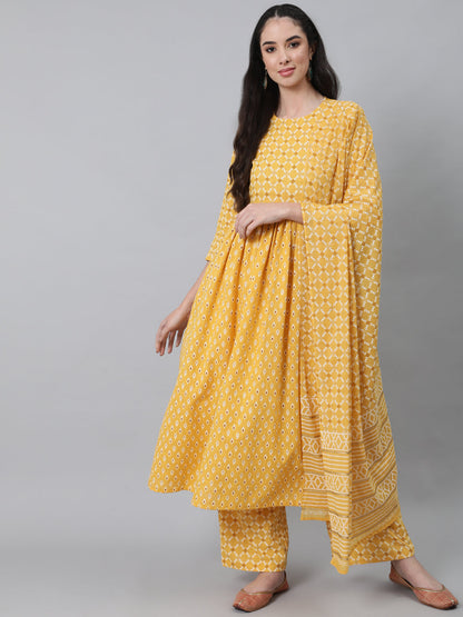 Women Yellow Printed Flared Kurta With Trouser & Dupatta | LASVINI - Redefining Indian Fashion with Elegance