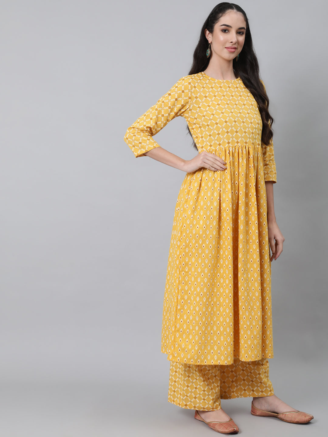Women Yellow Printed Flared Kurta With Trouser & Dupatta | LASVINI - Redefining Indian Fashion with Elegance