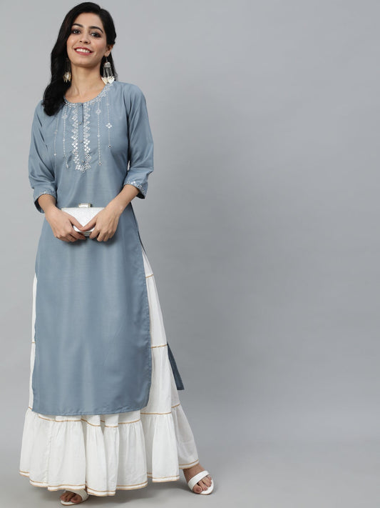 Women Grey Mirror Work Embroidered Straight Kurta With Three Quarter Sleeves | LASVINI - Redefining Indian Fashion with Elegance