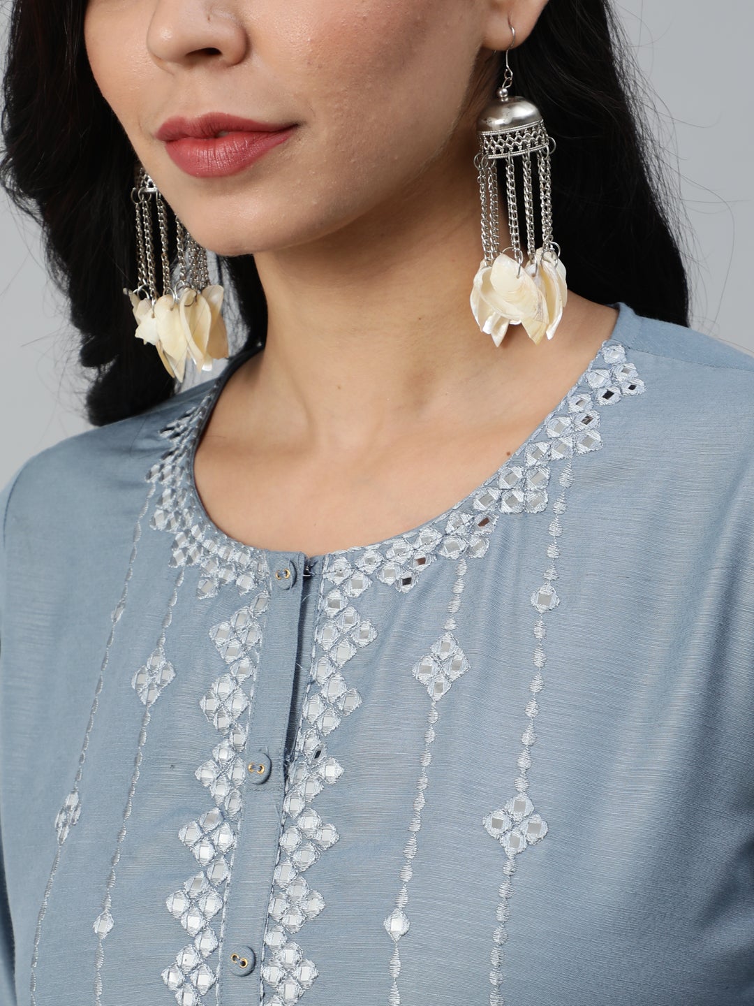 Women Grey Mirror Work Embroidered Straight Kurta With Three Quarter Sleeves | LASVINI - Redefining Indian Fashion with Elegance