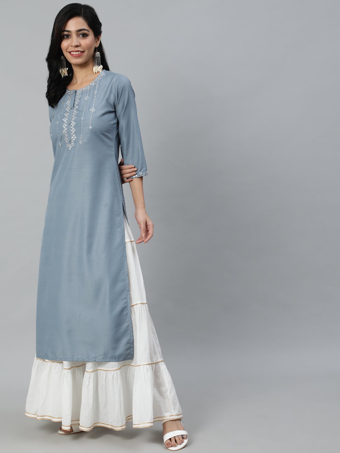 Women Grey Mirror Work Embroidered Straight Kurta With Three Quarter Sleeves | LASVINI - Redefining Indian Fashion with Elegance