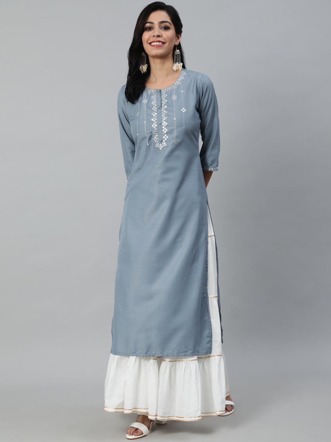 Women Grey Mirror Work Embroidered Straight Kurta With Three Quarter Sleeves | LASVINI - Redefining Indian Fashion with Elegance