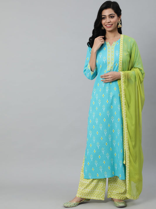 Women Blue & Green Printed Straight Kurta With Plazo & Chiffon Dupatta | LASVINI - Redefining Indian Fashion with Elegance
