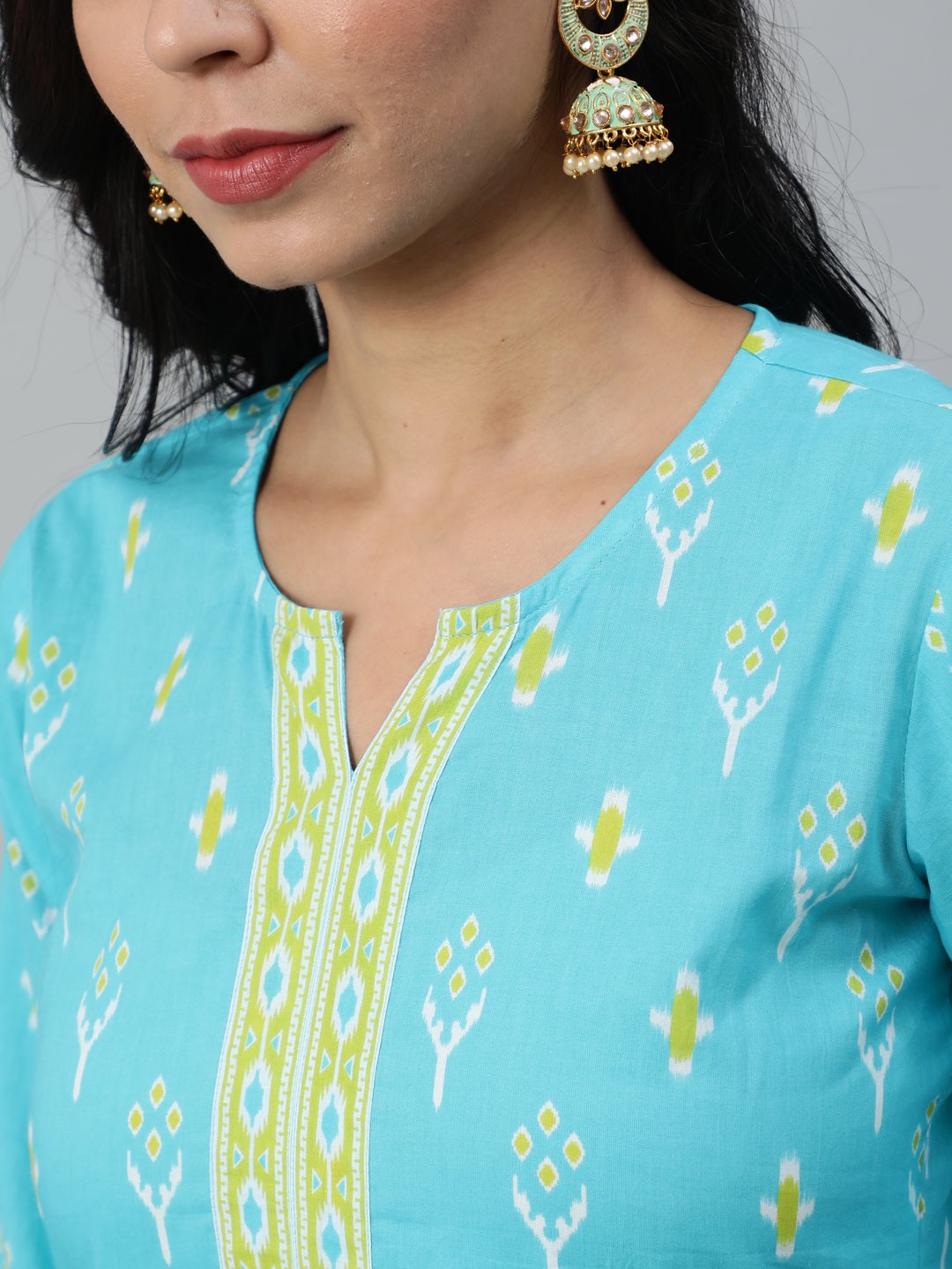 Women Blue & Green Printed Straight Kurta With Plazo & Chiffon Dupatta | LASVINI - Redefining Indian Fashion with Elegance