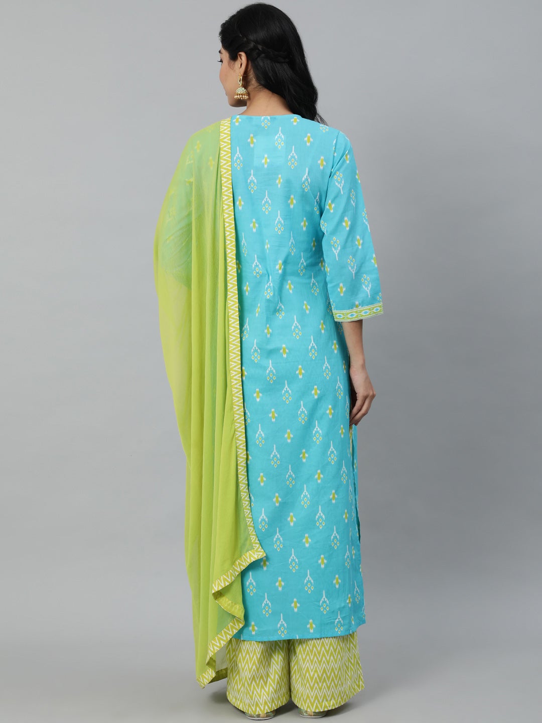 Women Blue & Green Printed Straight Kurta With Plazo & Chiffon Dupatta | LASVINI - Redefining Indian Fashion with Elegance