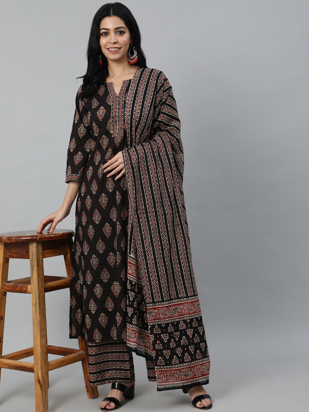 Women Black Printed Straight Kurta With Plazo & Dupatta | LASVINI - Redefining Indian Fashion with Elegance