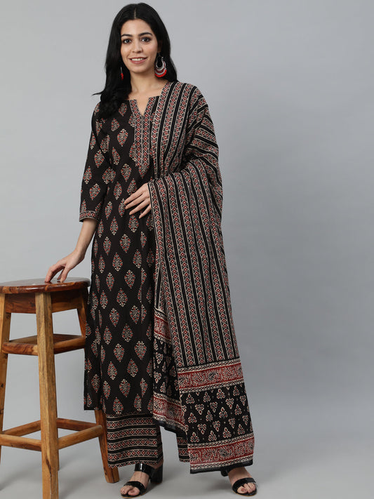 Women Black Printed Straight Kurta With Plazo & Dupatta | LASVINI - Redefining Indian Fashion with Elegance