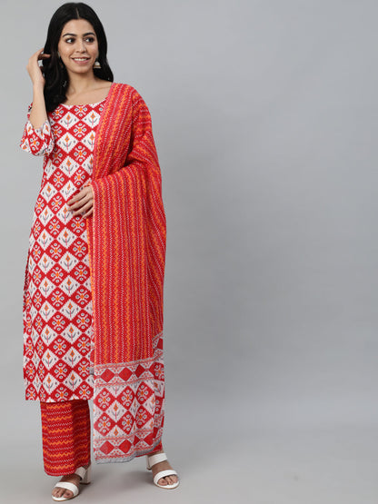 Women Red Printed Straight Kurta With Plazo & Dupatta | LASVINI - Redefining Indian Fashion with Elegance