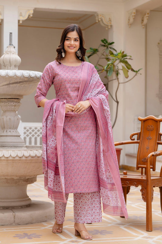 Women Pink Floral Printed Pure Cotton Kurta & Palazzos With Dupatta | LASVINI - Redefining Indian Fashion with Elegance