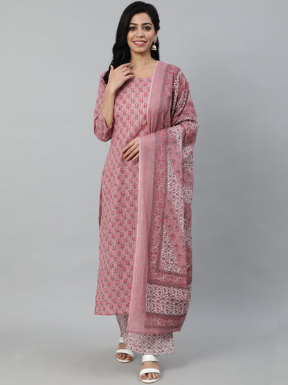 Women Pink Floral Printed Pure Cotton Kurta & Plazzos With Dupatta | LASVINI - Redefining Indian Fashion with Elegance