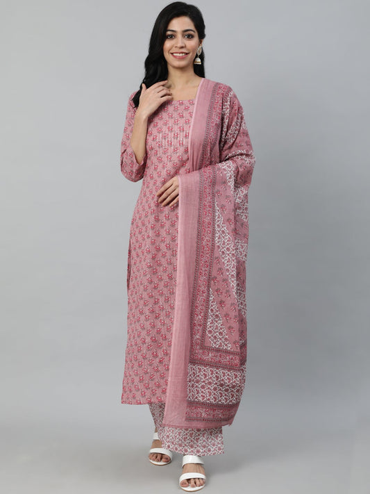 Women Pink Floral Printed Pure Cotton Kurta & Plazzos With Dupatta | LASVINI - Redefining Indian Fashion with Elegance
