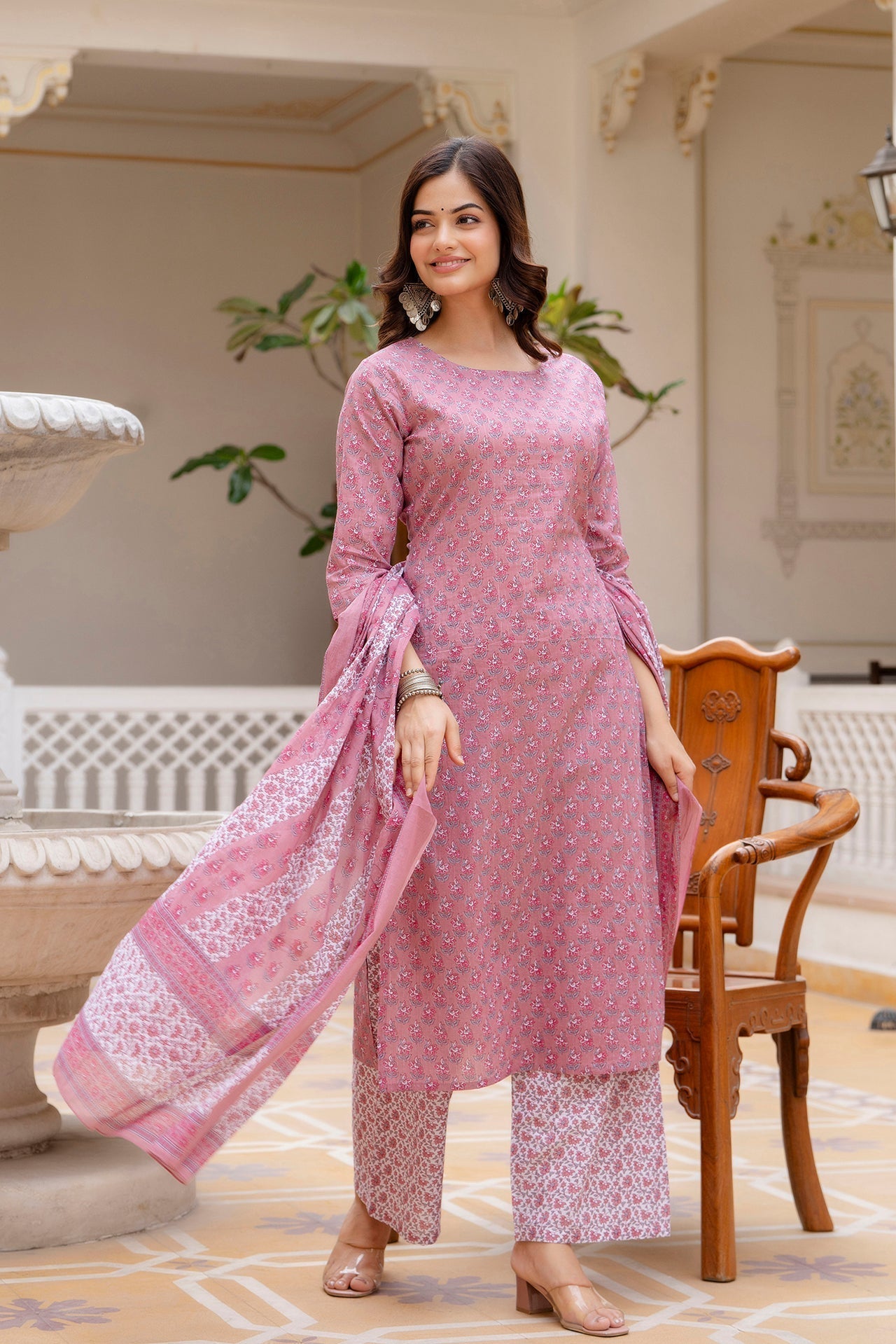 Women Pink Floral Printed Pure Cotton Kurta & Palazzos With Dupatta | LASVINI - Redefining Indian Fashion with Elegance