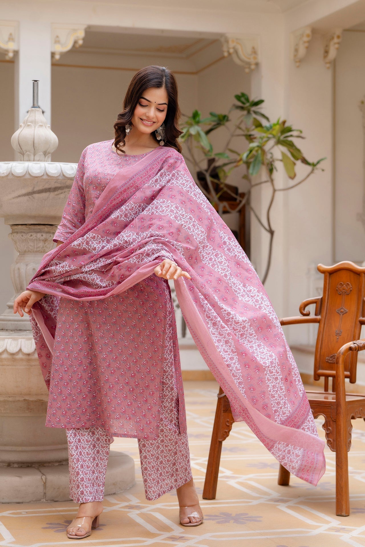 Women Pink Floral Printed Pure Cotton Kurta & Palazzos With Dupatta | LASVINI - Redefining Indian Fashion with Elegance