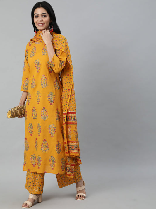 Women Mustard Printed Straight Kurta With Plazo & Dupatta | LASVINI - Redefining Indian Fashion with Elegance