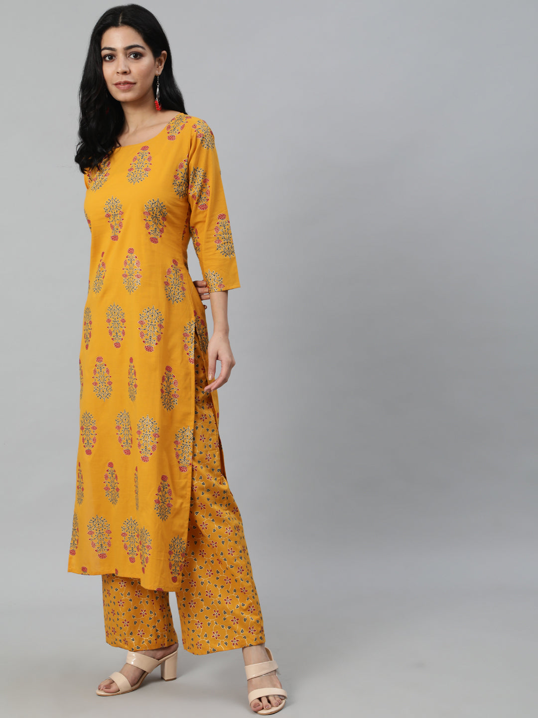 Women Mustard Printed Straight Kurta With Plazo & Dupatta | LASVINI - Redefining Indian Fashion with Elegance