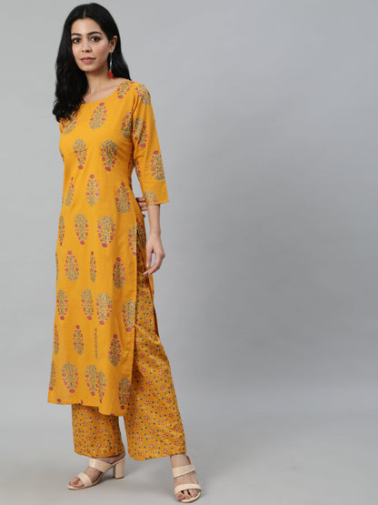 Women Mustard Printed Straight Kurta With Plazo & Dupatta | LASVINI - Redefining Indian Fashion with Elegance