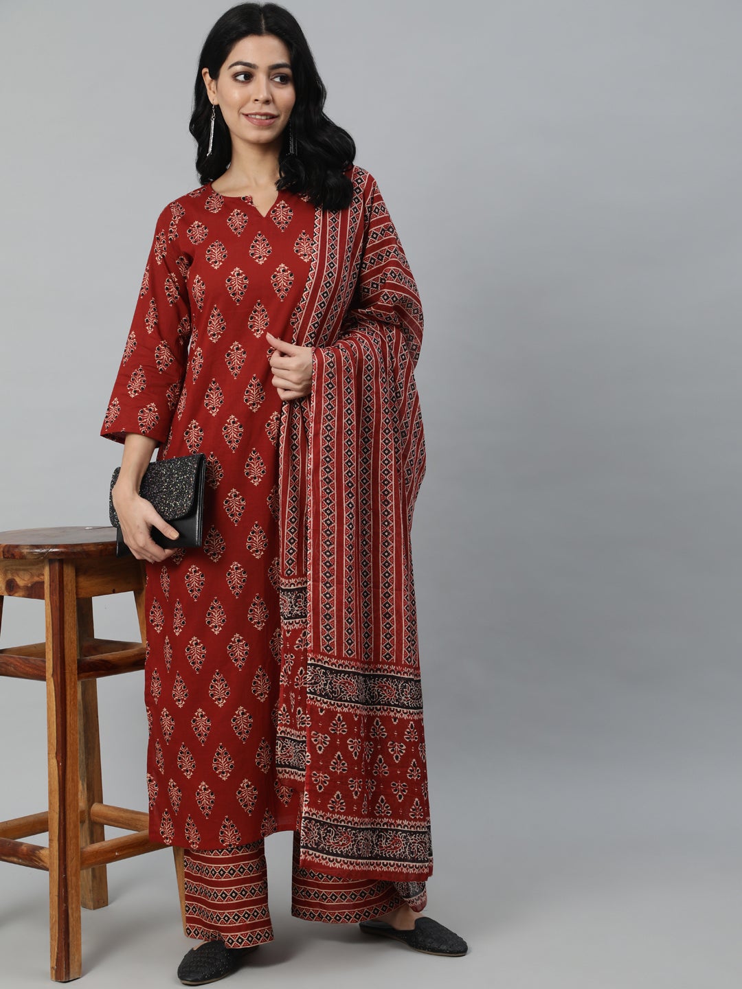 Women Maroon Printed Straight Kurta With Plazo & Dupatta | LASVINI - Redefining Indian Fashion with Elegance
