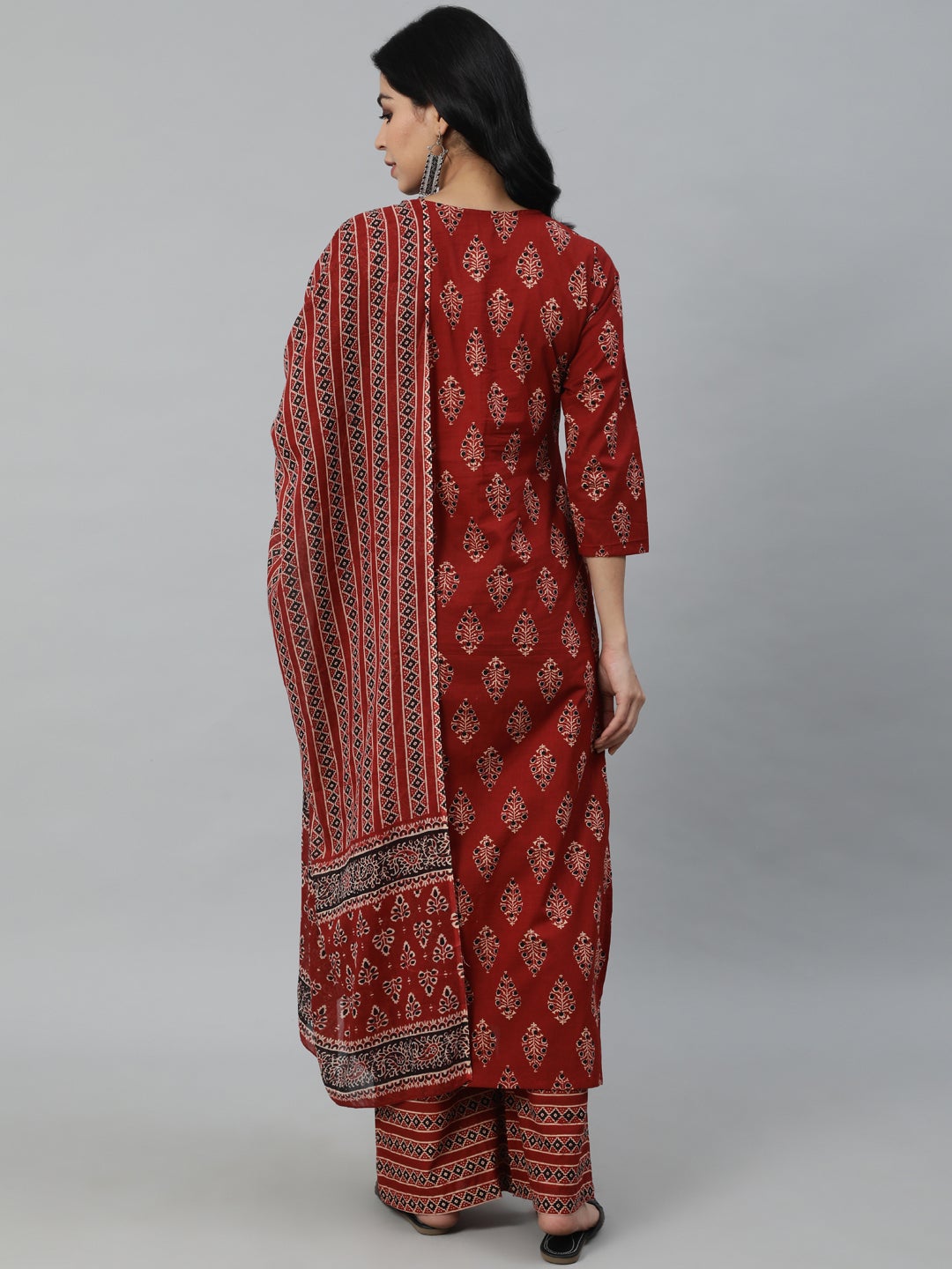 Women Maroon Printed Straight Kurta With Plazo & Dupatta | LASVINI - Redefining Indian Fashion with Elegance