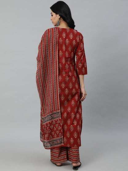 Women Maroon Printed Straight Kurta With Plazo & Dupatta | LASVINI - Redefining Indian Fashion with Elegance
