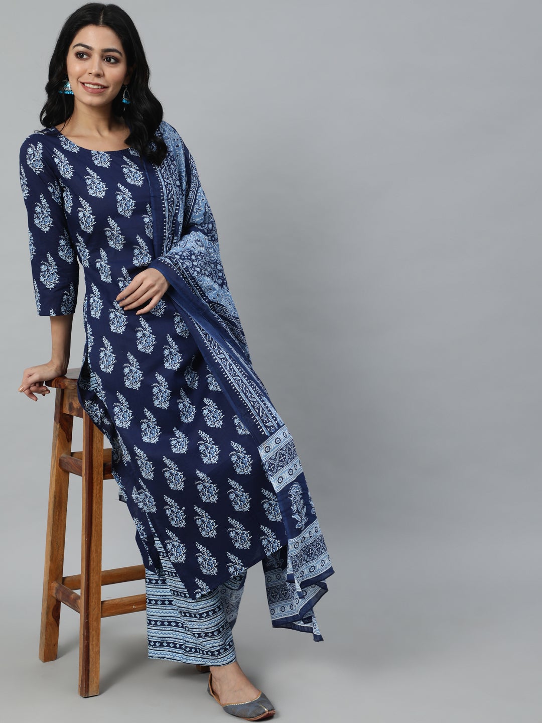Women Navy Blue Printed Straight Kurta With Plazo & Dupatta | LASVINI - Redefining Indian Fashion with Elegance