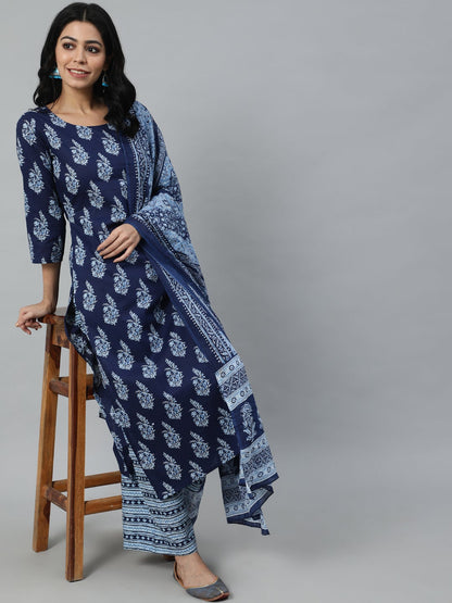 Women Navy Blue Printed Straight Kurta With Plazo & Dupatta | LASVINI - Redefining Indian Fashion with Elegance
