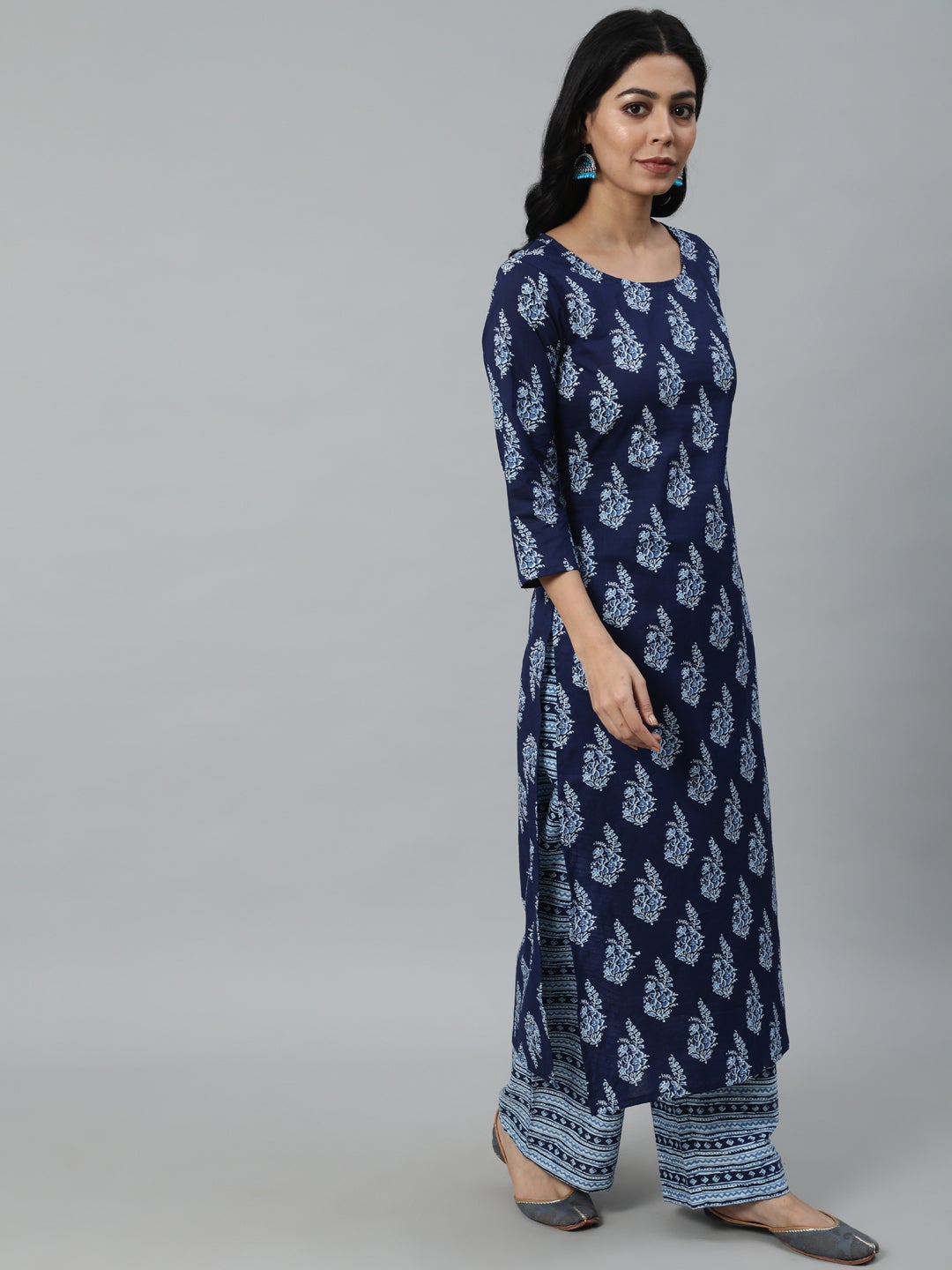 Women Navy Blue Printed Straight Kurta With Plazo & Dupatta | LASVINI - Redefining Indian Fashion with Elegance