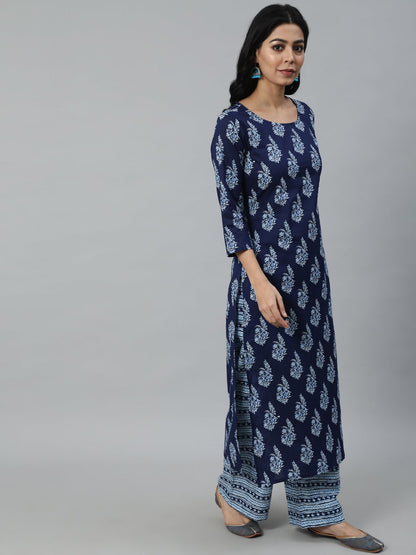 Women Navy Blue Printed Straight Kurta With Plazo & Dupatta | LASVINI - Redefining Indian Fashion with Elegance