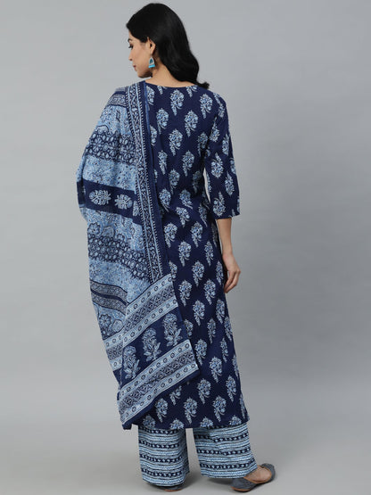 Women Navy Blue Printed Straight Kurta With Plazo & Dupatta | LASVINI - Redefining Indian Fashion with Elegance