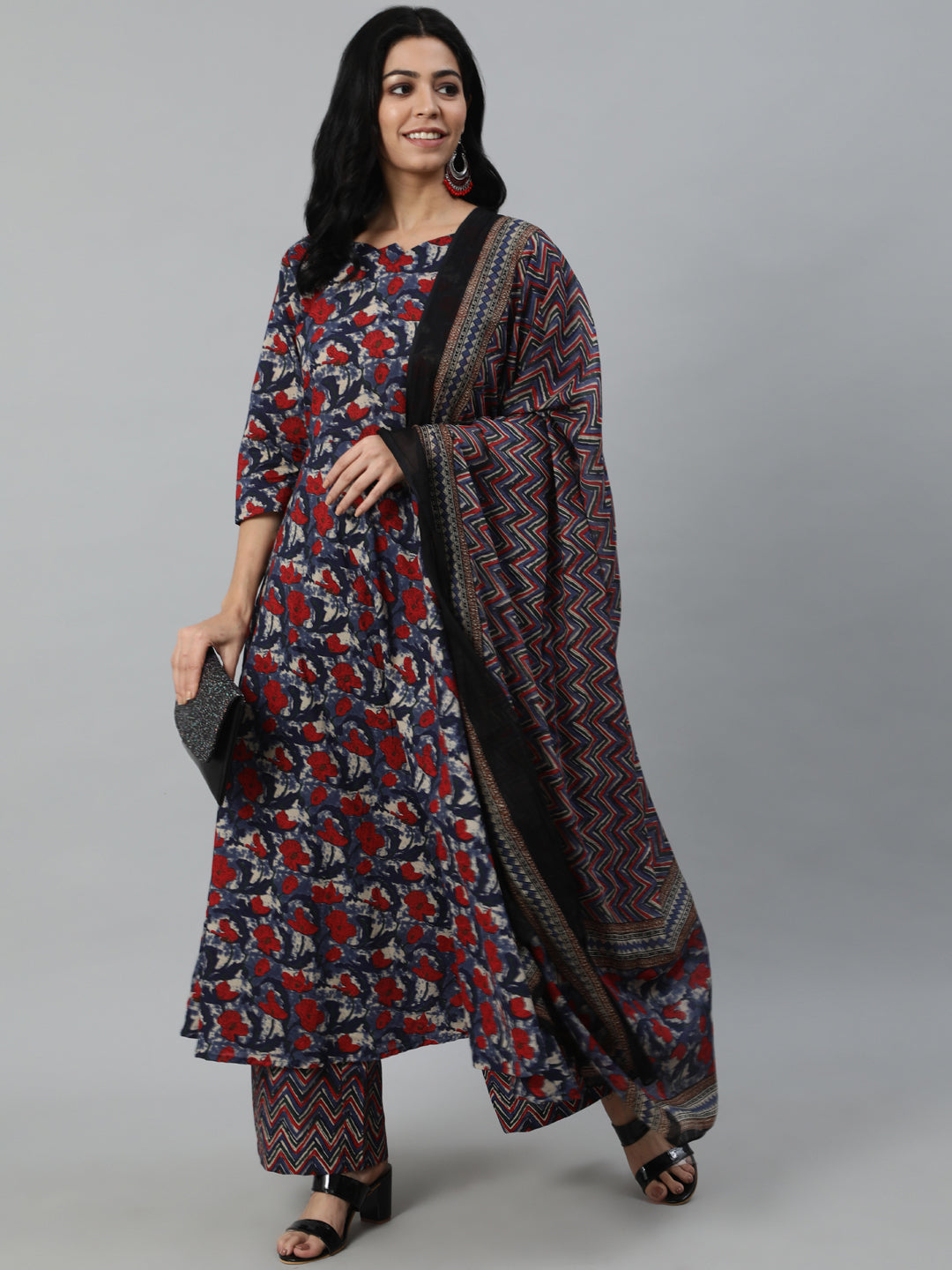 Women Multi Floral Printed Flared Kurta With Palazzo Dupatta | LASVINI - Redefining Indian Fashion with Elegance