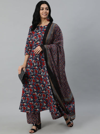 Women Multi Floral Printed Flared Kurta With Palazzo Dupatta | LASVINI - Redefining Indian Fashion with Elegance