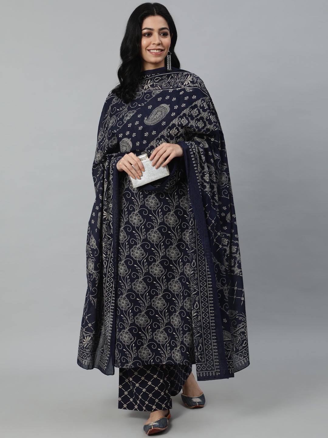 Women Navy Blue Printed Kurta With Plazzo & Dupatta | LASVINI - Redefining Indian Fashion with Elegance