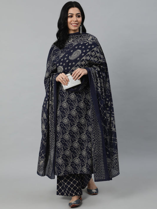Women Navy Blue Printed Kurta With Plazzo & Dupatta | LASVINI - Redefining Indian Fashion with Elegance