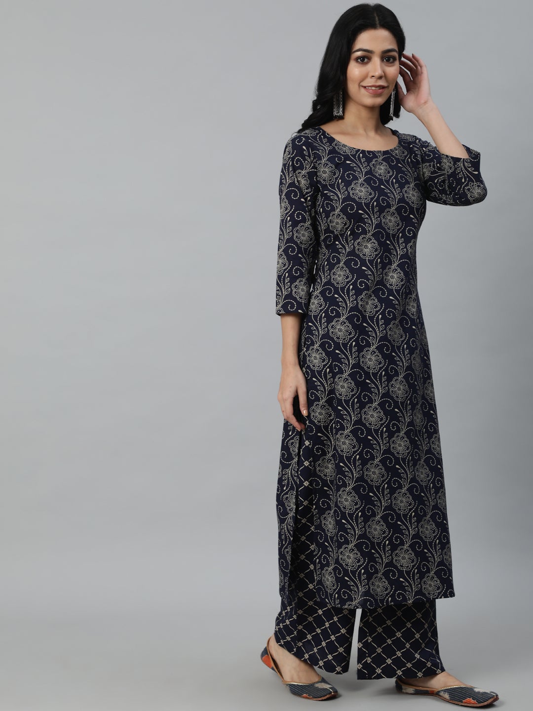 Women Navy Blue Printed Kurta With Plazzo & Dupatta | LASVINI - Redefining Indian Fashion with Elegance