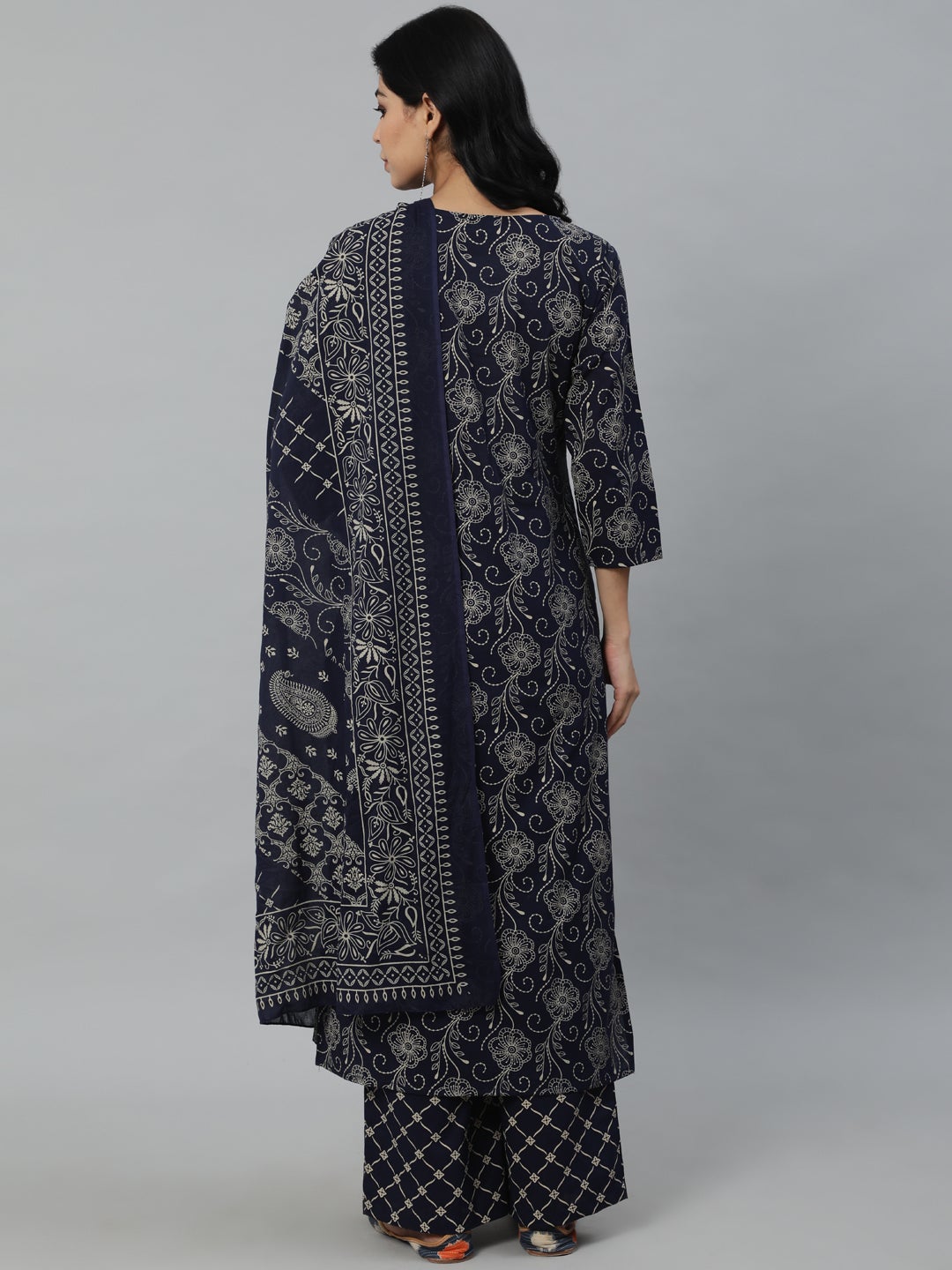 Women Navy Blue Printed Kurta With Plazzo & Dupatta | LASVINI - Redefining Indian Fashion with Elegance