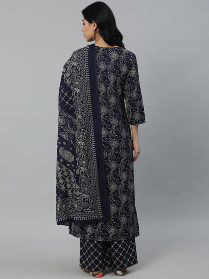 Women Navy Blue Printed Kurta With Plazzo & Dupatta | LASVINI - Redefining Indian Fashion with Elegance