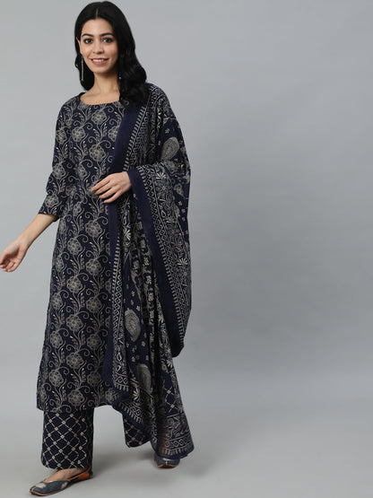 Women Navy Blue Printed Kurta With Plazzo & Dupatta | LASVINI - Redefining Indian Fashion with Elegance