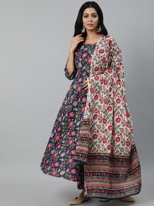 Women  Blue Printed Flared Kurta With Trouser & Dupatta | LASVINI - Redefining Indian Fashion with Elegance