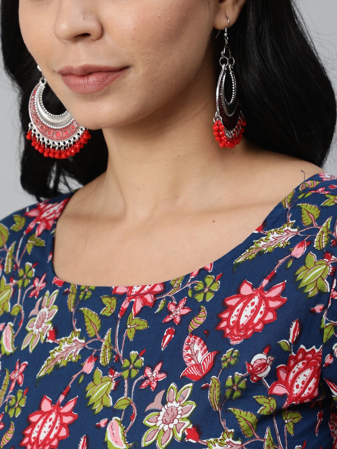 Women  Blue Printed Flared Kurta With Trouser & Dupatta | LASVINI - Redefining Indian Fashion with Elegance