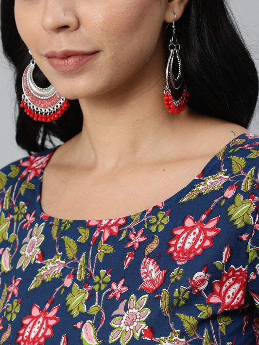 Women  Blue Printed Flared Kurta With Trouser & Dupatta | LASVINI - Redefining Indian Fashion with Elegance