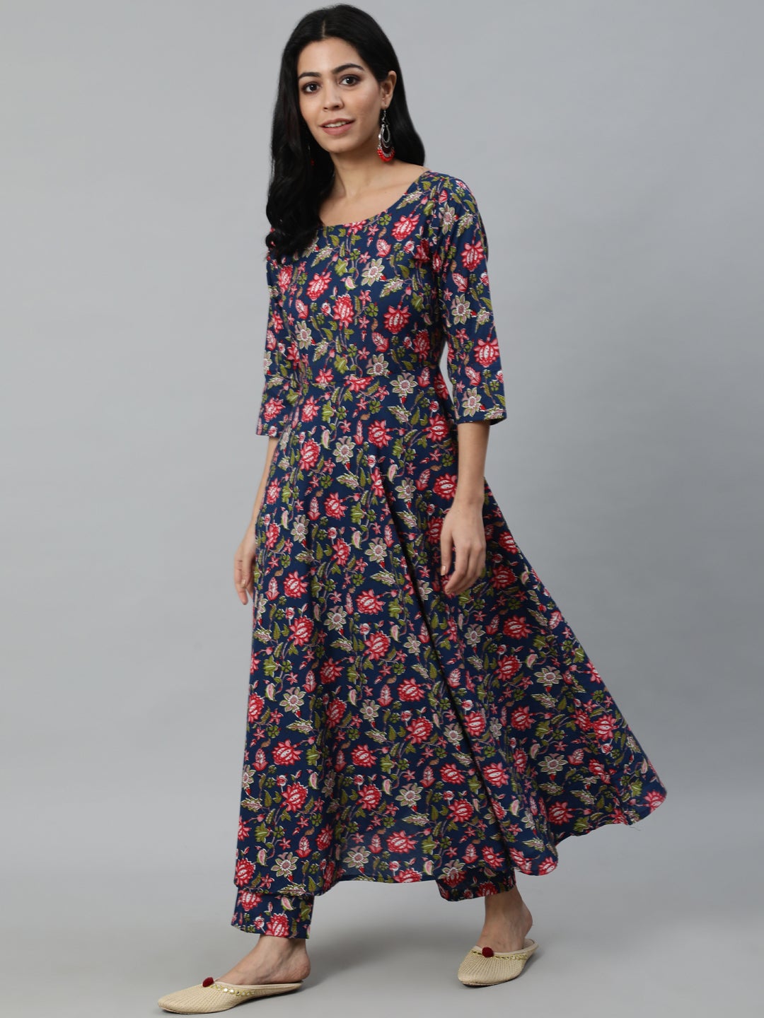 Women  Blue Printed Flared Kurta With Trouser & Dupatta | LASVINI - Redefining Indian Fashion with Elegance