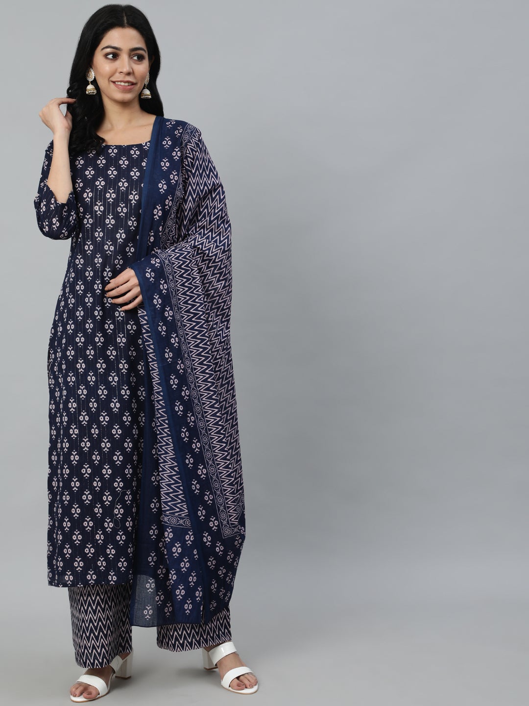 Women Navy Blue Ethnic Motifs Printed Pure Cotton Kurta With Trouser And Dupatta | LASVINI - Redefining Indian Fashion with Elegance