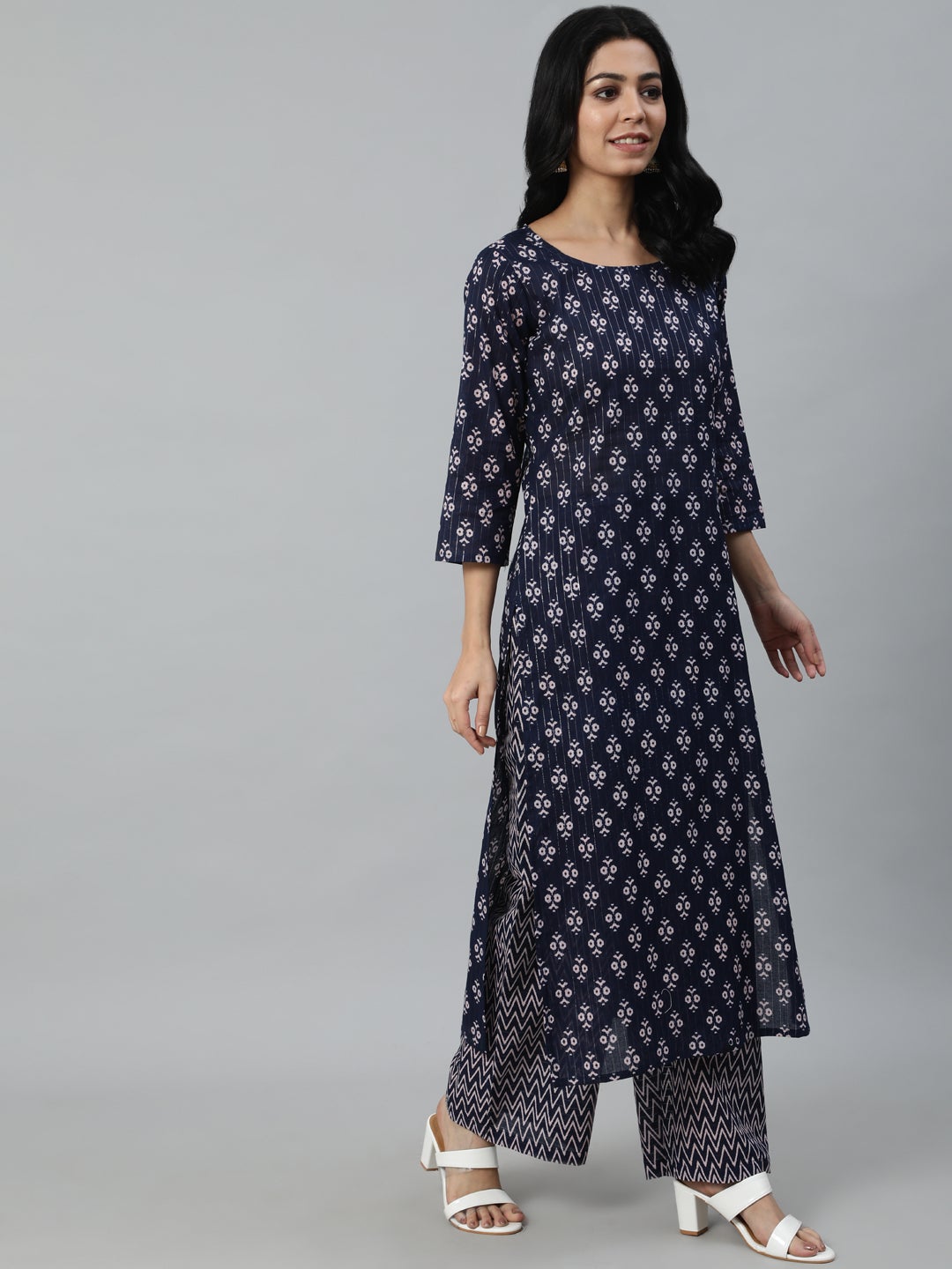 Women Navy Blue Ethnic Motifs Printed Pure Cotton Kurta With Trouser And Dupatta | LASVINI - Redefining Indian Fashion with Elegance