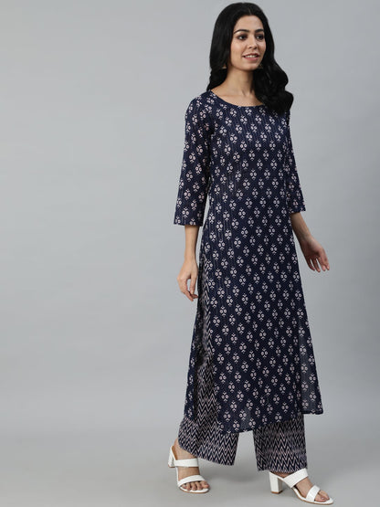 Women Navy Blue Ethnic Motifs Printed Pure Cotton Kurta With Trouser And Dupatta | LASVINI - Redefining Indian Fashion with Elegance